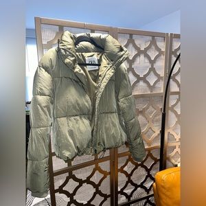 Zara Khaki Green Short Quilted Padded Jacket with Hidden Hood